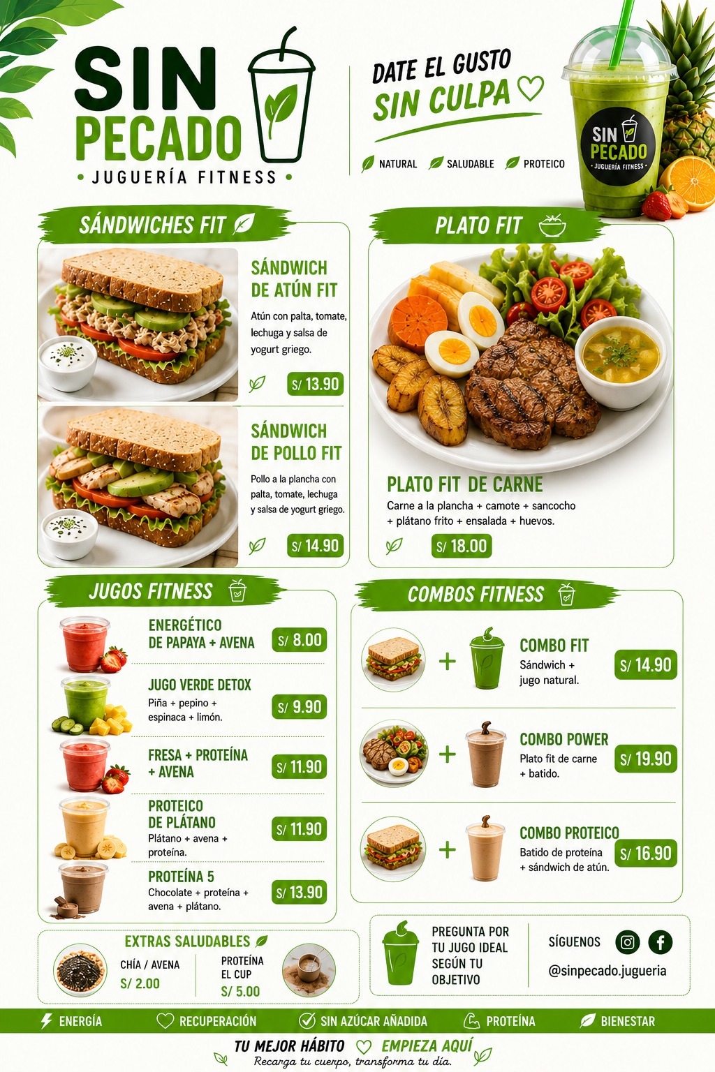 Menú Sin Pecado — Jugos, sándwiches y postres